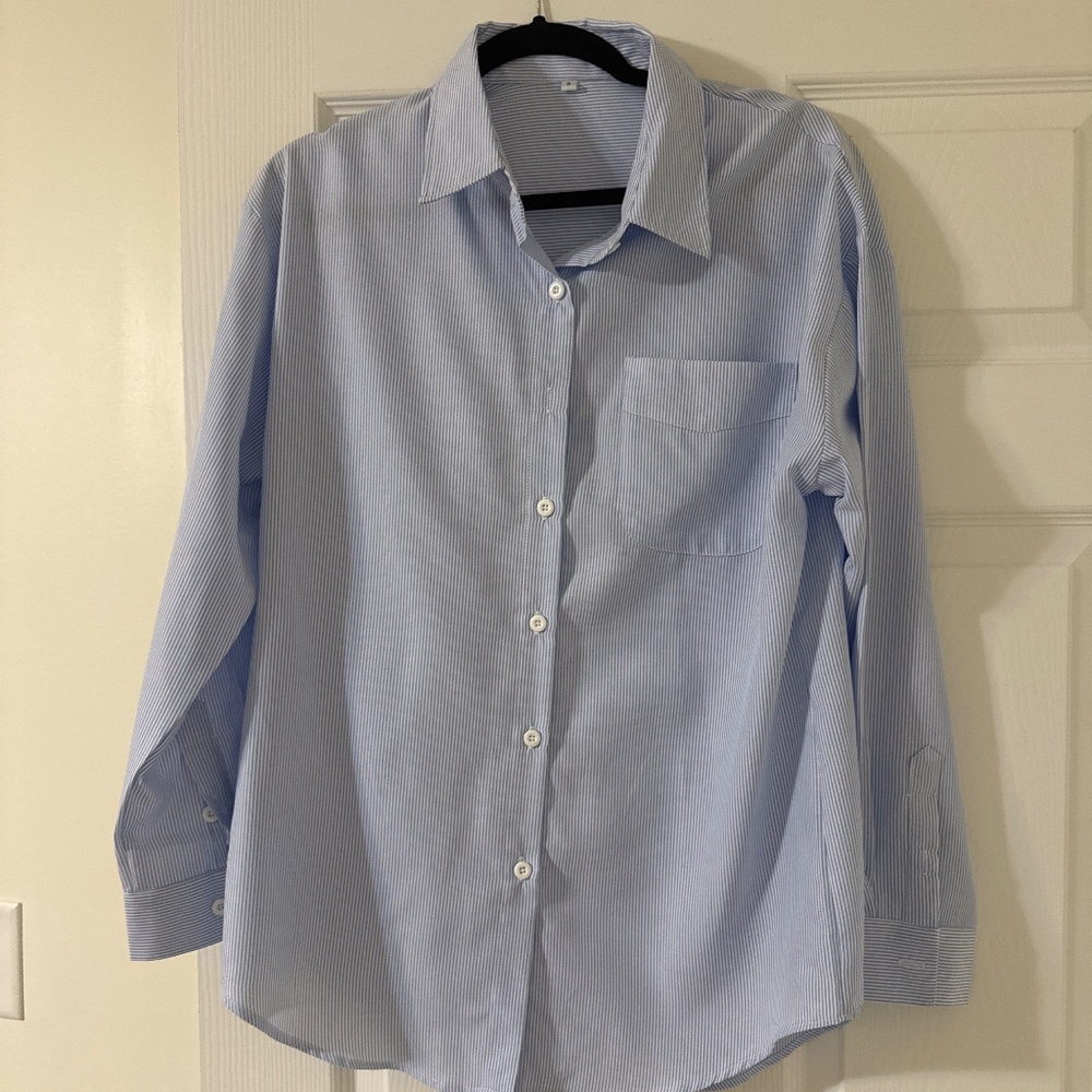 Blue Pinstripe Button Down Shirt - Classic Collared Work Blouse - Picture 2 of 2